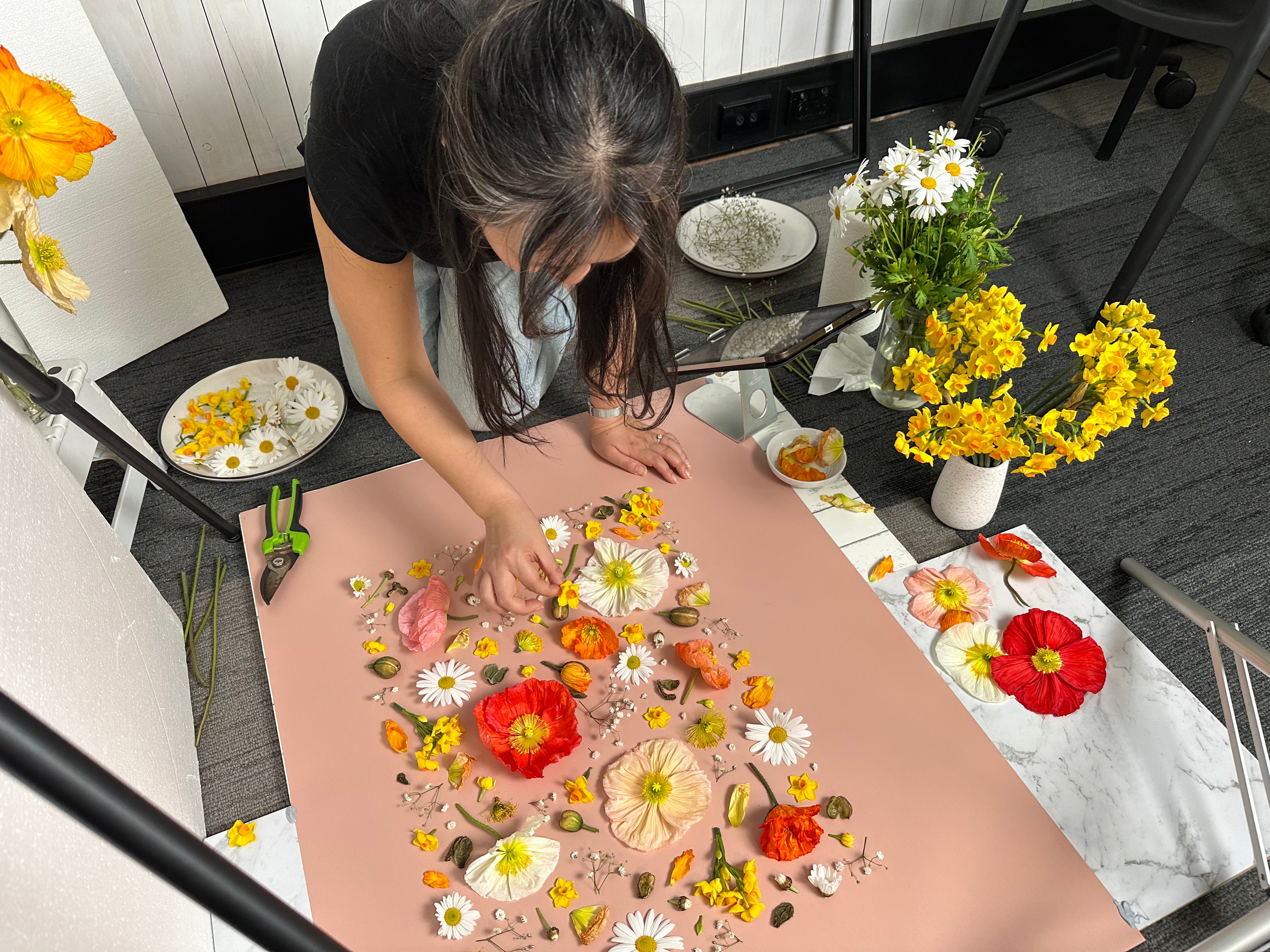 The artist arranging flowers on a backdrop into a floral flatlay. Behind the schenes photo on set in a photography studio. 