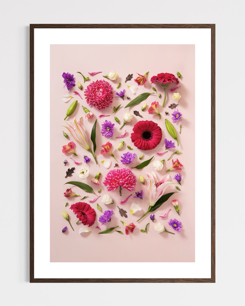 Beginning - fine art floral flatlay of chrysanthemums, lilies and gerberas on soft pink in a dark wood frame, from Quiet Emergence by Connie Chan.
