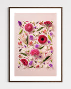 Beginning - fine art floral flatlay of chrysanthemums, lilies and gerberas on soft pink in a dark wood frame, from Quiet Emergence by Connie Chan.
