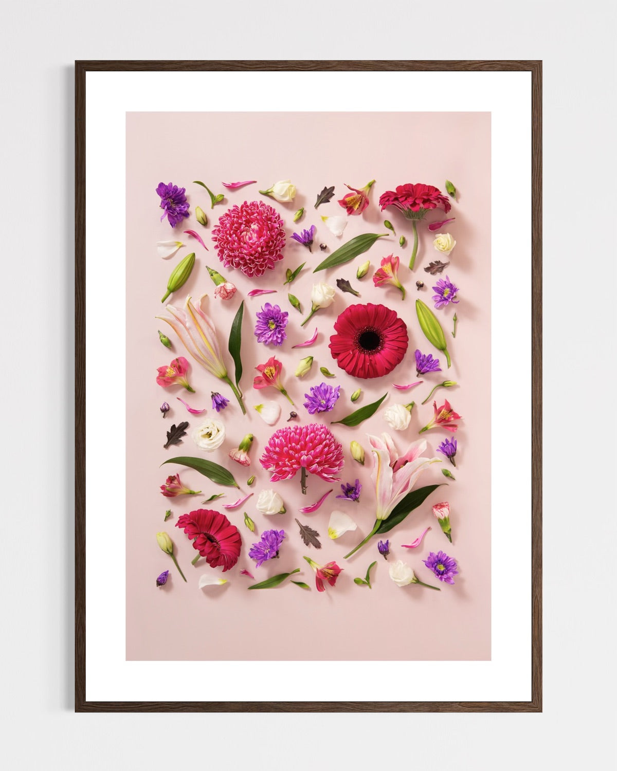 Beginning - fine art floral flatlay of chrysanthemums, lilies and gerberas on soft pink in a dark wood frame, from Quiet Emergence by Connie Chan.
