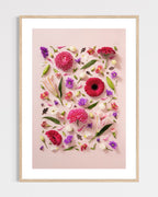Beginning - fine art floral flatlay of chrysanthemums, lilies and gerberas on soft pink in a light wood frame, from Quiet Emergence by Connie Chan.