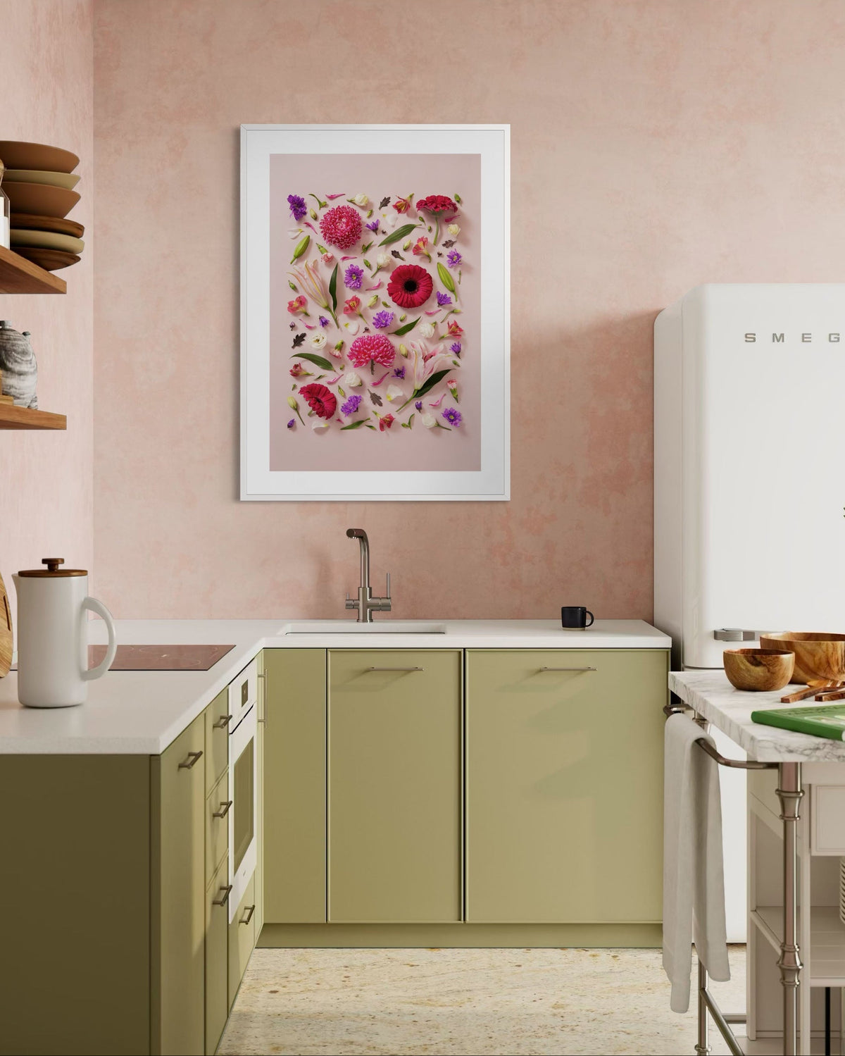 Beginning - fine art floral flatlay of chrysanthemums, lilies and gerberas on soft pink on a kitchen wall, from Quiet Emergence by Connie Chan.
