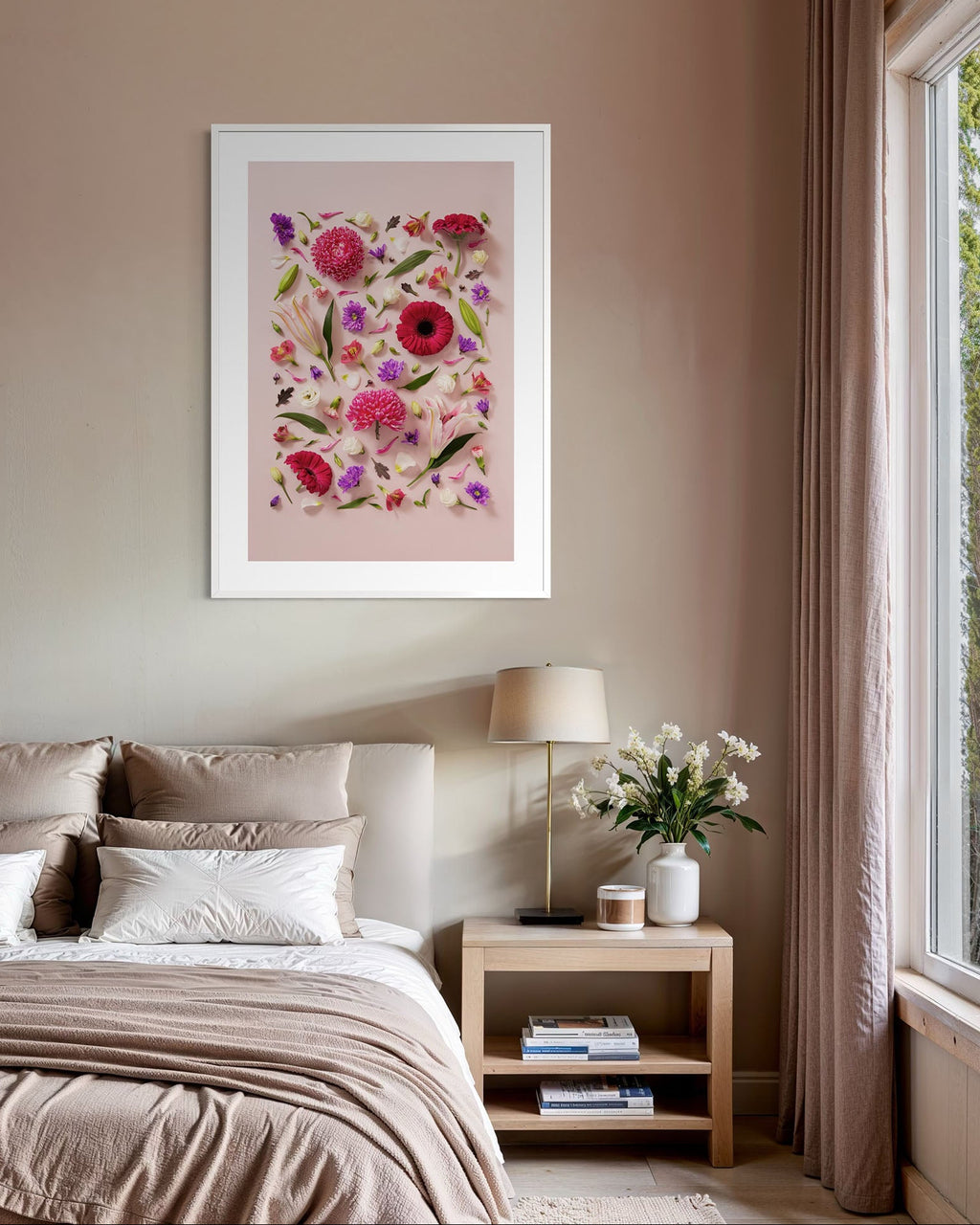 Beginning - fine art floral flatlay of chrysanthemums, lilies and gerberas on soft pink on a bedroom wall, from Quiet Emergence by Connie Chan.

