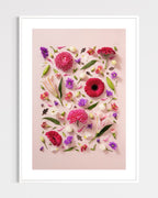 Beginning - fine art floral flatlay of chrysanthemums, lilies and gerberas on soft pink in a white frame, from Quiet Emergence by Connie Chan.
