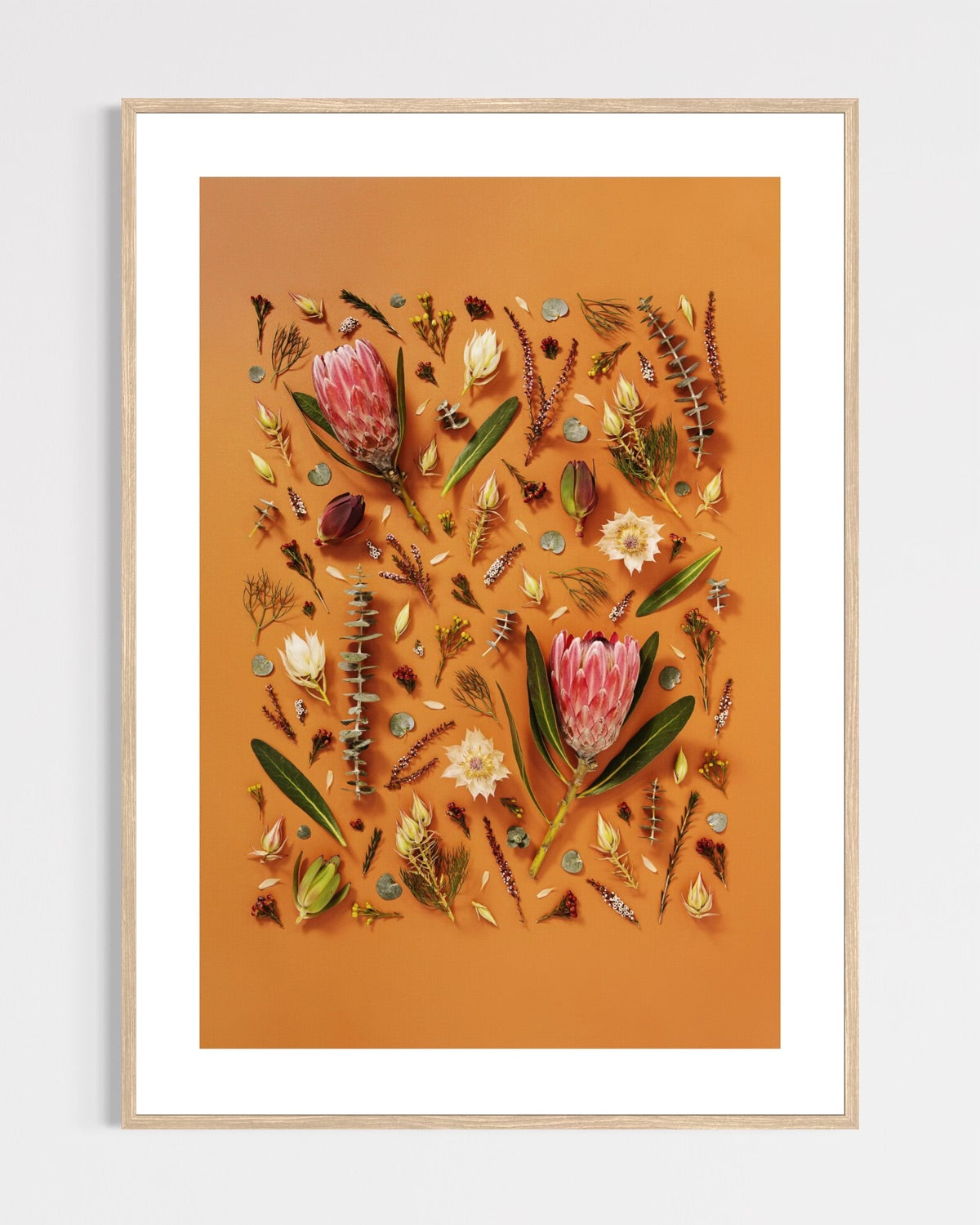 Enduring Stillness - fine art floral flatlay of proteas and eucalyptus on warm terracotta in a light wood frame, from Quiet Emergence by Connie Chan.