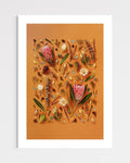 Enduring Stillness - fine art floral flatlay of proteas and eucalyptus on warm terracotta, unframed, from Quiet Emergence by Connie Chan.