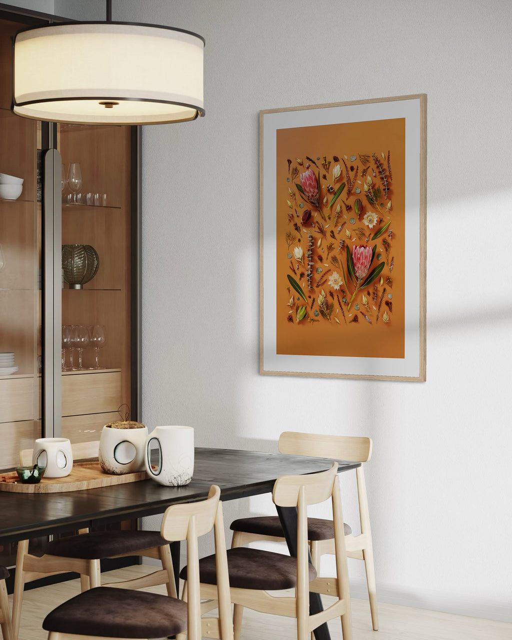 Enduring Stillness - fine art floral flatlay of proteas and eucalyptus on warm terracotta on a dining room wall, from Quiet Emergence by Connie Chan.