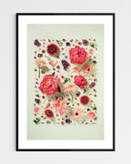 Giving Grace - fine art floral flatlay of peonies, gerberas and lilac on muted green in a black frame, from Quiet Emergence by Connie Chan.
