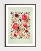 Giving Grace - fine art floral flatlay of peonies, gerberas and lilac on muted green in a dark wood frame, from Quiet Emergence by Connie Chan.

