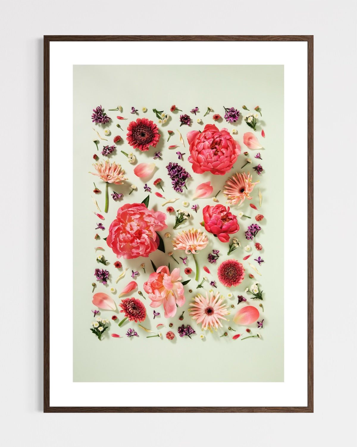 Giving Grace - fine art floral flatlay of peonies, gerberas and lilac on muted green in a dark wood frame, from Quiet Emergence by Connie Chan.
