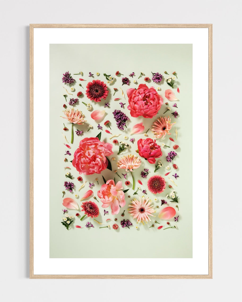 Giving Grace - fine art floral flatlay of peonies, gerberas and lilac on muted green in a light wood frame, from Quiet Emergence by Connie Chan.
