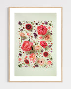 Giving Grace - fine art floral flatlay of peonies, gerberas and lilac on muted green in a light wood frame, from Quiet Emergence by Connie Chan.
