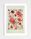 Giving Grace - fine art floral flatlay of peonies, gerberas and lilac on muted green, unframed, from Quiet Emergence by Connie Chan.

