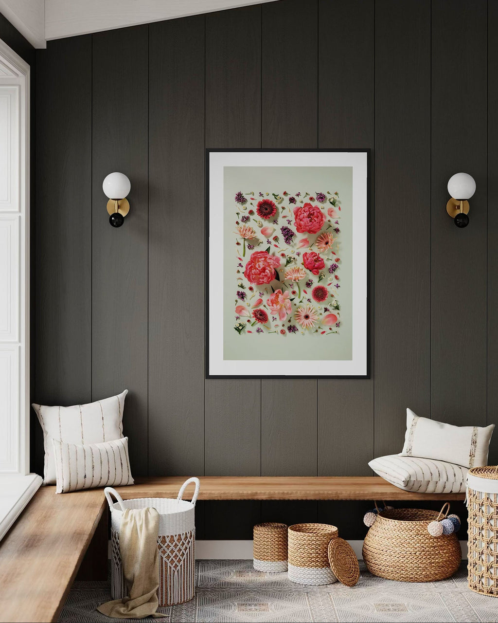 Giving Grace - fine art floral flatlay of peonies, gerberas and lilac on muted green on a black wall, from Quiet Emergence by Connie Chan.
