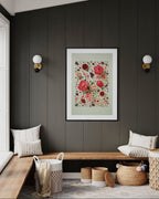 Giving Grace - fine art floral flatlay of peonies, gerberas and lilac on muted green on a black wall, from Quiet Emergence by Connie Chan.
