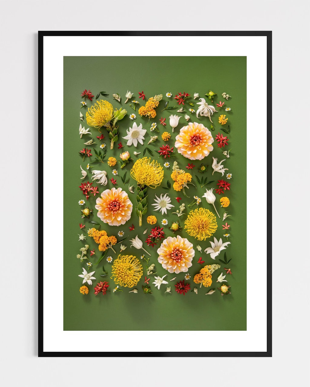 Grounded Touch - fine art floral flatlay of dahlias and pincushions on deep olive in a black frame, from Quiet Emergence by Connie Chan.
