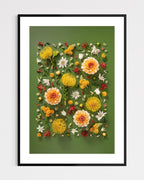 Grounded Touch - fine art floral flatlay of dahlias and pincushions on deep olive in a black frame, from Quiet Emergence by Connie Chan.
