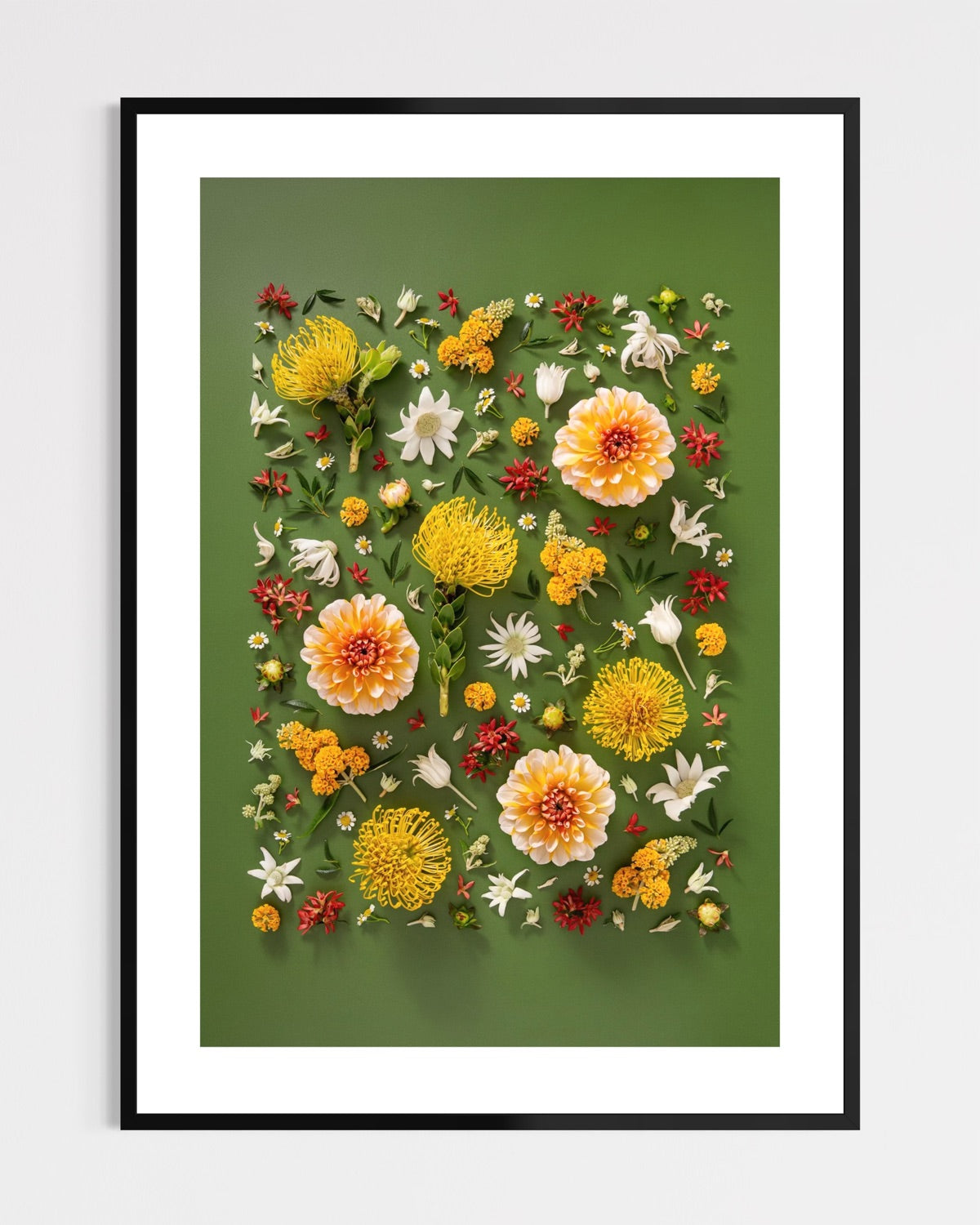 Grounded Touch - fine art floral flatlay of dahlias and pincushions on deep olive in a black frame, from Quiet Emergence by Connie Chan.
