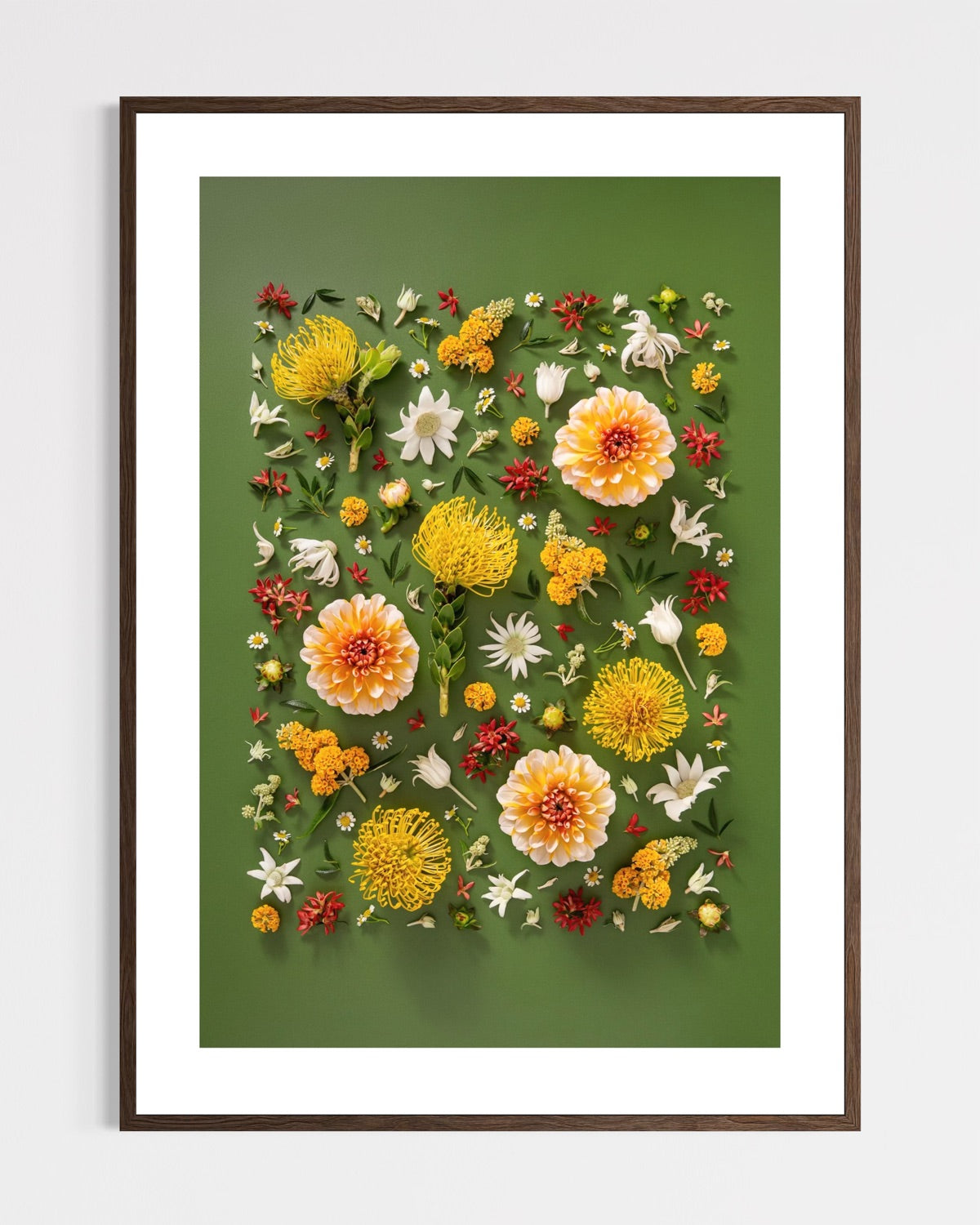Grounded Touch - fine art floral flatlay of dahlias and pincushions on deep olive in a dark wood frame, from Quiet Emergence by Connie Chan.
