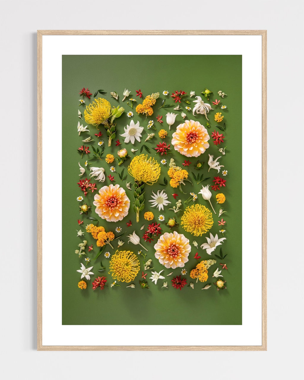 Grounded Touch - fine art floral flatlay of dahlias and pincushions on deep olive in a light wood frame, from Quiet Emergence by Connie Chan.
