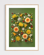 Grounded Touch - fine art floral flatlay of dahlias and pincushions on deep olive in a light wood frame, from Quiet Emergence by Connie Chan.
