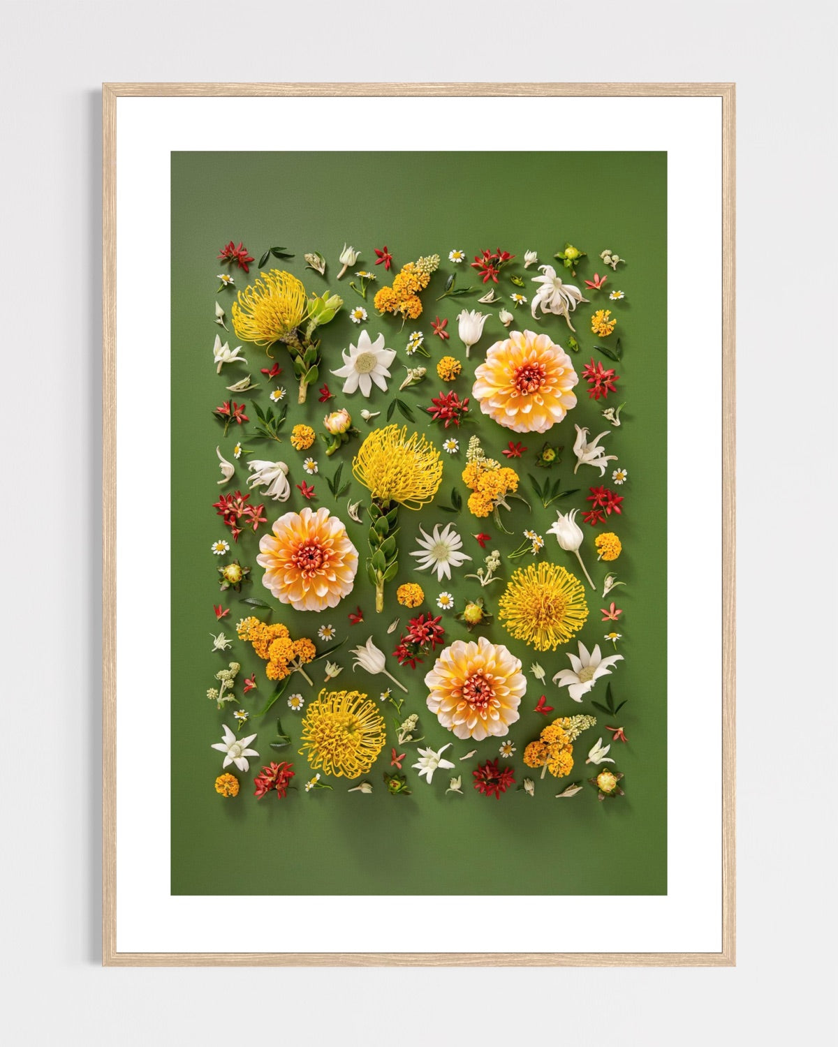 Grounded Touch - fine art floral flatlay of dahlias and pincushions on deep olive in a light wood frame, from Quiet Emergence by Connie Chan.
