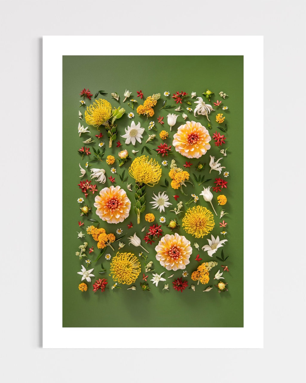Grounded Touch - fine art floral flatlay of dahlias and pincushions on deep olive, unframed, from Quiet Emergence by Connie Chan.
