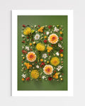 Grounded Touch - fine art floral flatlay of dahlias and pincushions on deep olive, unframed, from Quiet Emergence by Connie Chan.
