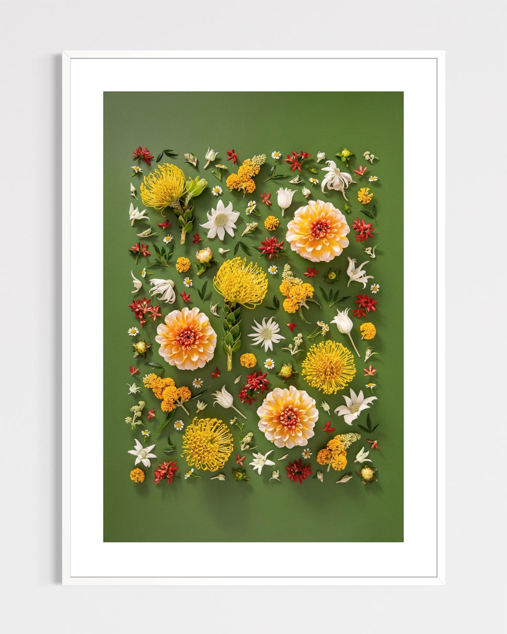 Grounded Touch - fine art floral flatlay of dahlias and pincushions on deep olive in a white frame, from Quiet Emergence by Connie Chan.
