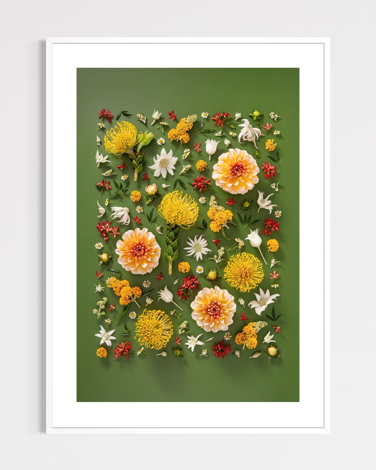 Grounded Touch - fine art floral flatlay of dahlias and pincushions on deep olive in a white frame, from Quiet Emergence by Connie Chan.
