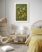 Grounded Touch - fine art floral flatlay of dahlias and pincushions on deep olive on a bedroom wall, from Quiet Emergence by Connie Chan.
