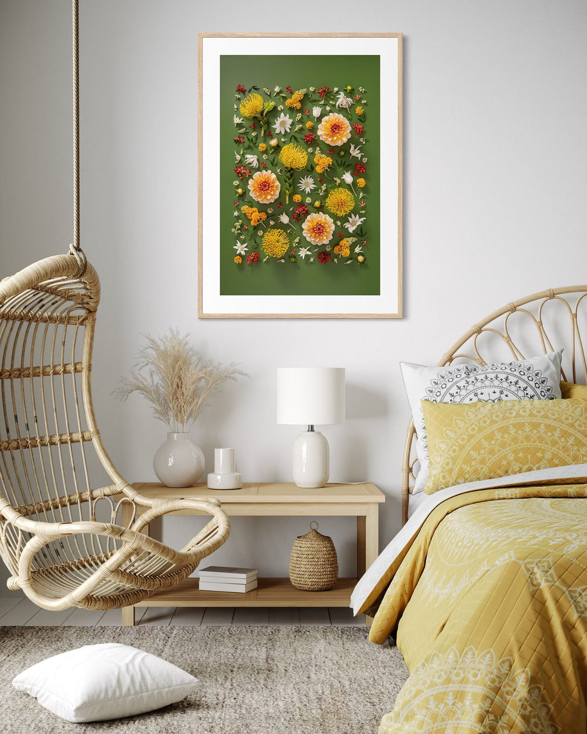 Grounded Touch - fine art floral flatlay of dahlias and pincushions on deep olive on a bedroom wall, from Quiet Emergence by Connie Chan.
