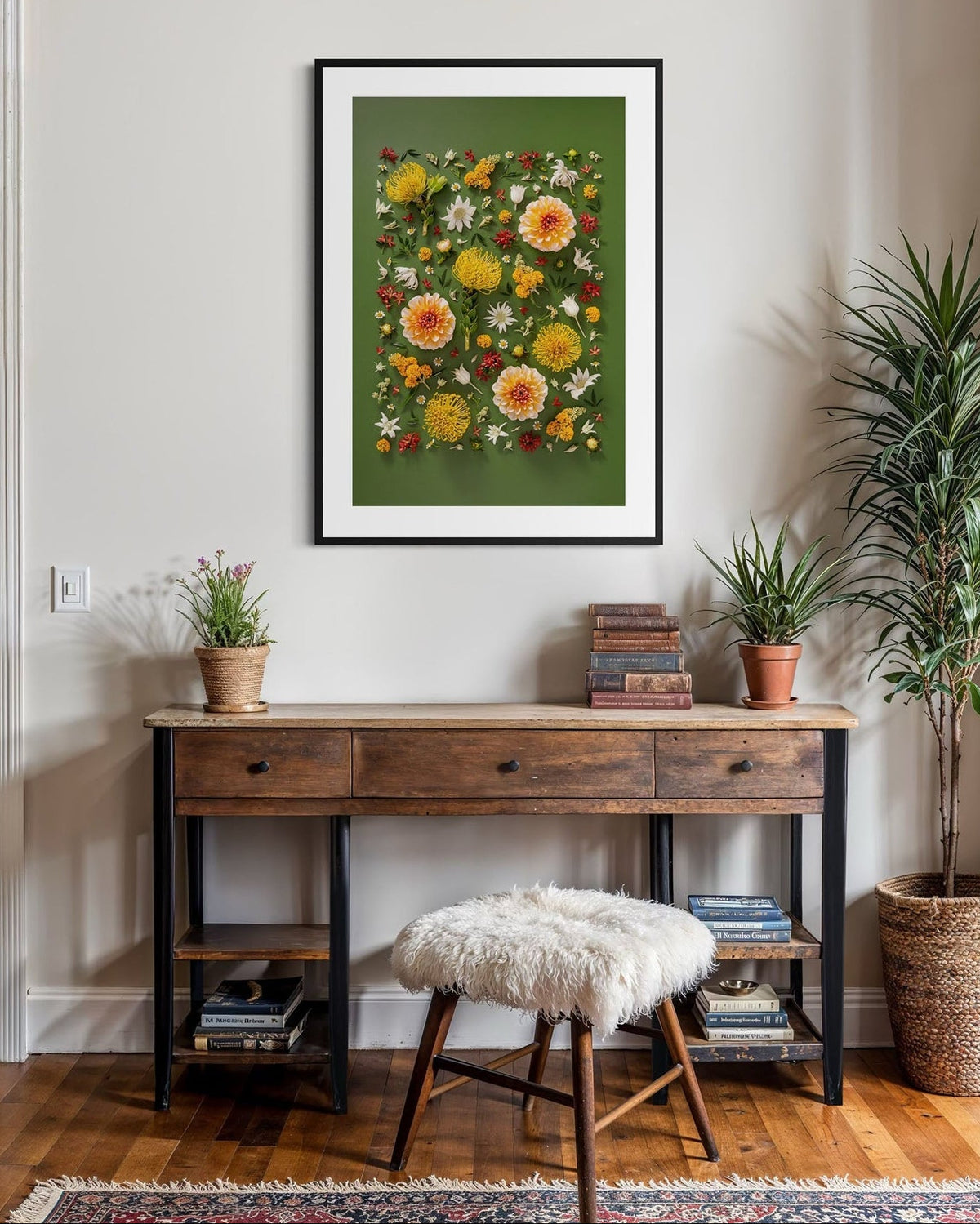 Grounded Touch - fine art floral flatlay of dahlias and pincushions on deep olive above a desk, from Quiet Emergence by Connie Chan.
