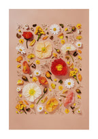Joy and Lightness - fine art floral flatlay of Iceland poppies and daisies on warm peach, from Quiet Emergence by Connie Chan.
