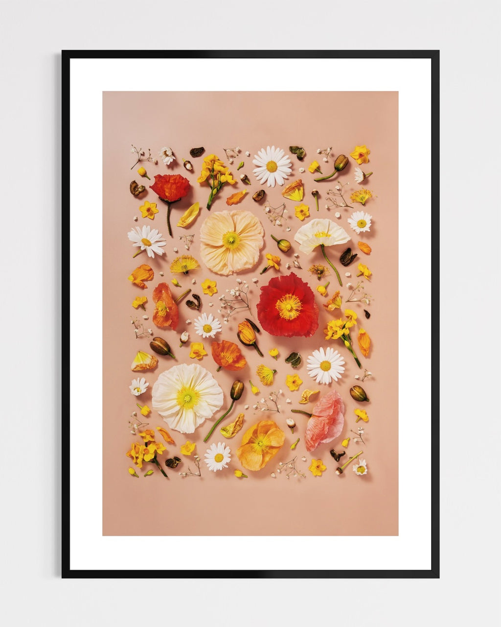 Joy and Lightness - fine art floral flatlay of Iceland poppies and daisies on warm peach in a black frame, from Quiet Emergence by Connie Chan.
