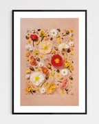 Joy and Lightness - fine art floral flatlay of Iceland poppies and daisies on warm peach in a black frame, from Quiet Emergence by Connie Chan.

