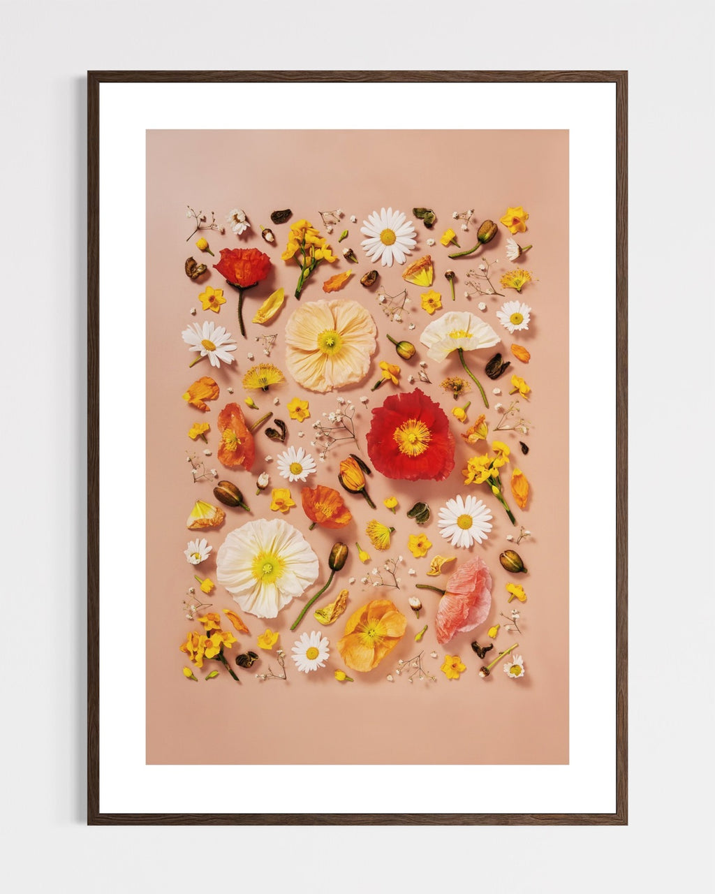 Joy and Lightness - fine art floral flatlay of Iceland poppies and daisies on warm peach in a dark wood frame, from Quiet Emergence by Connie Chan.
