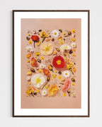 Joy and Lightness - fine art floral flatlay of Iceland poppies and daisies on warm peach in a dark wood frame, from Quiet Emergence by Connie Chan.
