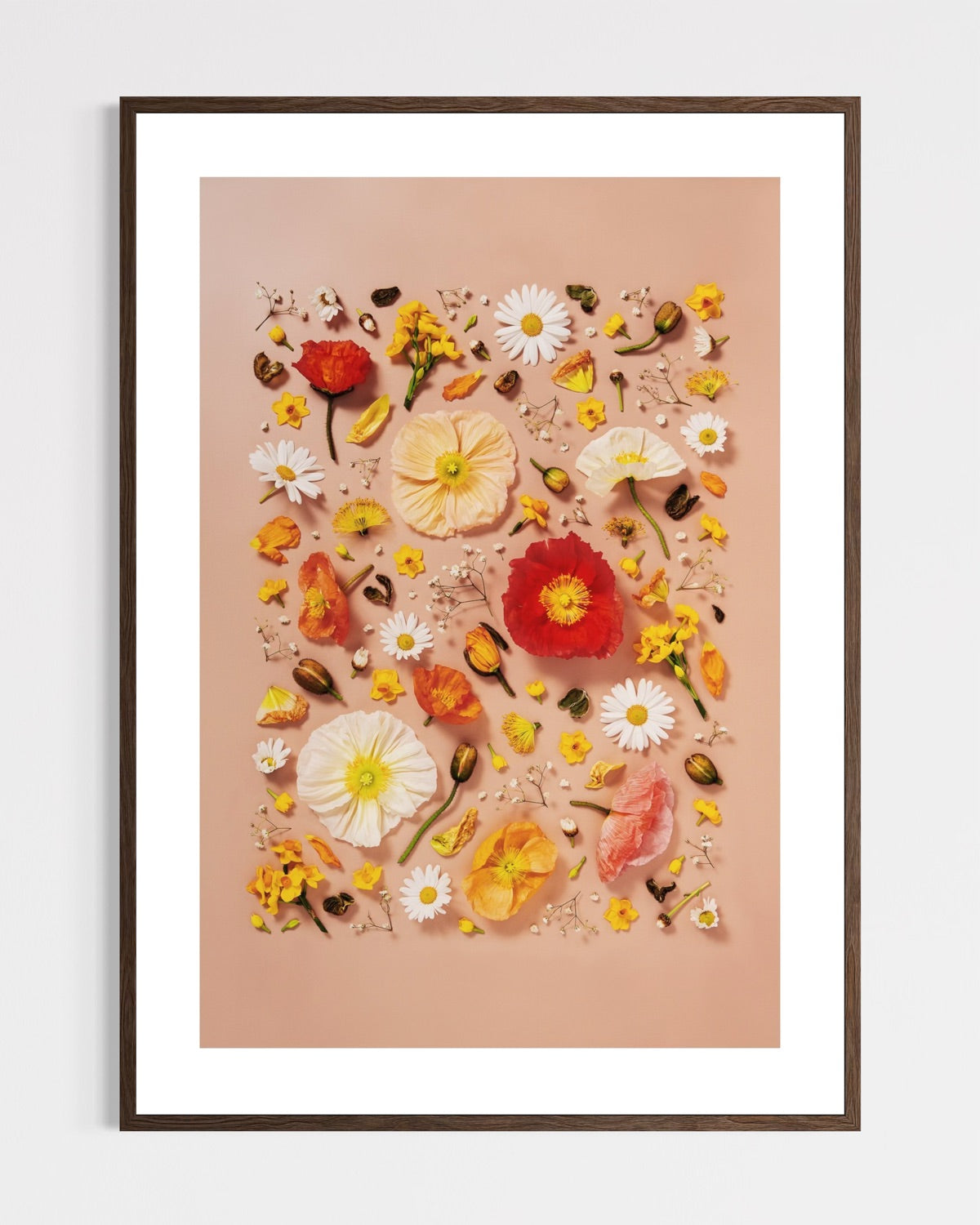 Joy and Lightness - fine art floral flatlay of Iceland poppies and daisies on warm peach in a dark wood frame, from Quiet Emergence by Connie Chan.
