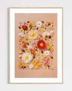 Joy and Lightness - fine art floral flatlay of Iceland poppies and daisies on warm peach in a light wood frame, from Quiet Emergence by Connie Chan.
