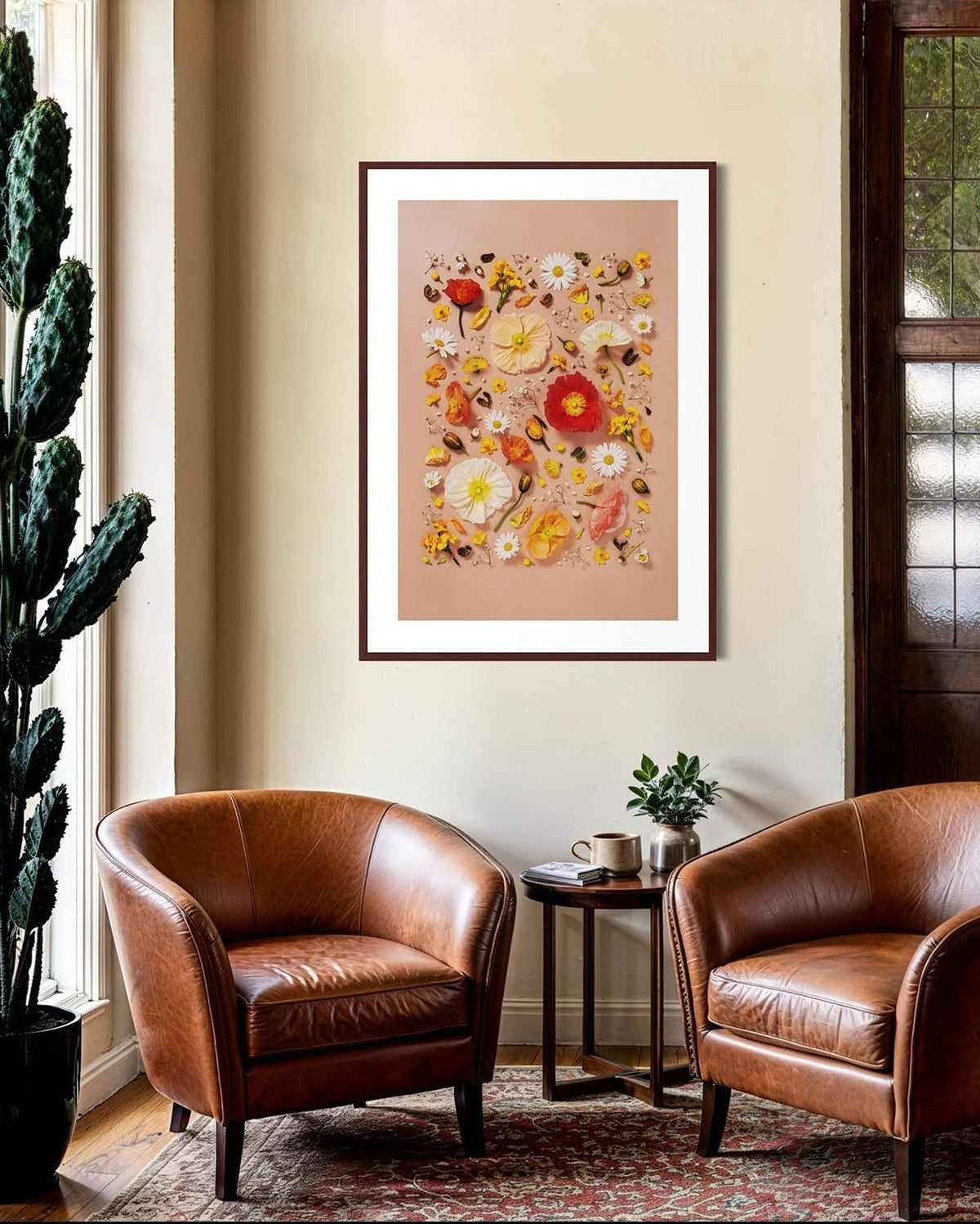 Joy and Lightness - fine art floral flatlay of Iceland poppies and daisies on warm peach on a lounge room wall, from Quiet Emergence by Connie Chan.
