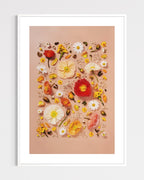 Joy and Lightness - fine art floral flatlay of Iceland poppies and daisies on warm peach in a white frame, from Quiet Emergence by Connie Chan.
