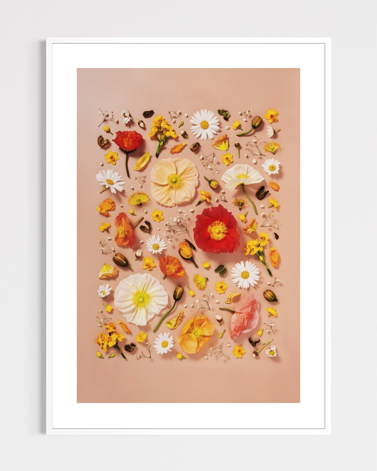 Joy and Lightness - fine art floral flatlay of Iceland poppies and daisies on warm peach in a white frame, from Quiet Emergence by Connie Chan.
