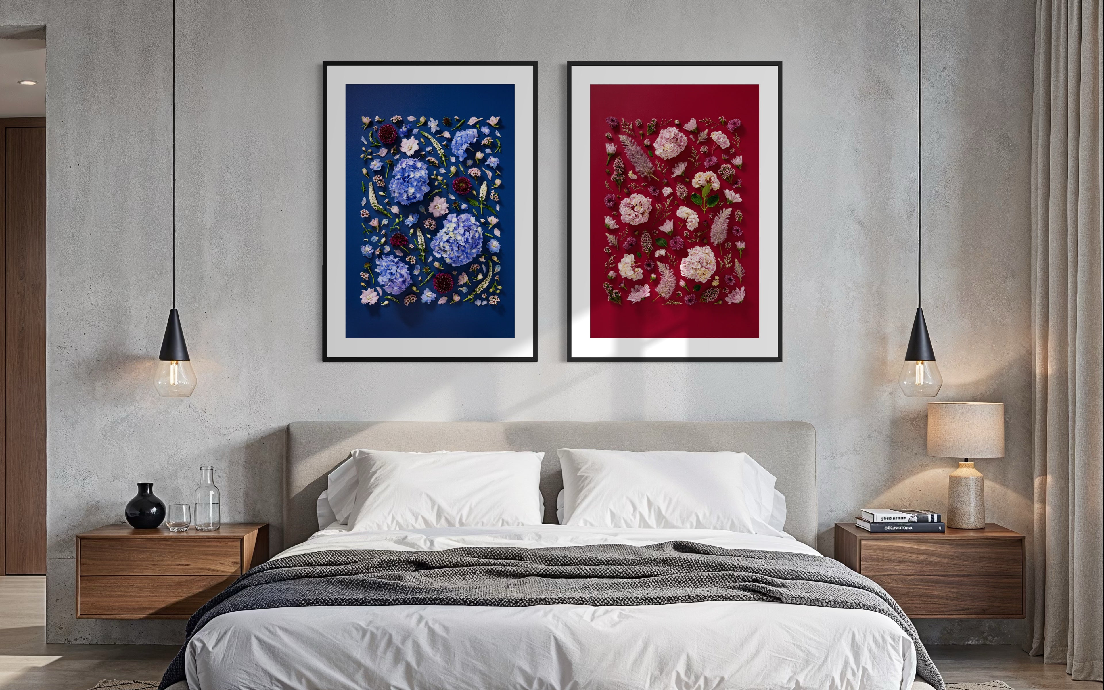 Quiet Queen and Soft Indulgence - floral art flatlays framed and displayed on a bedroom wall. From the collection Quiet Emergence by Connie Chan. 