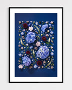 Quiet Queen - fine art floral flatlay of hydrangeas, delphiniums and scabiosa on deep indigo in a black frame, from Quiet Emergence by Connie Chan.