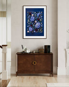 Quiet Queen - fine art floral flatlay of hydrangeas, delphiniums and scabiosa on deep indigo on a lounge room wall, from Quiet Emergence by Connie Chan.
