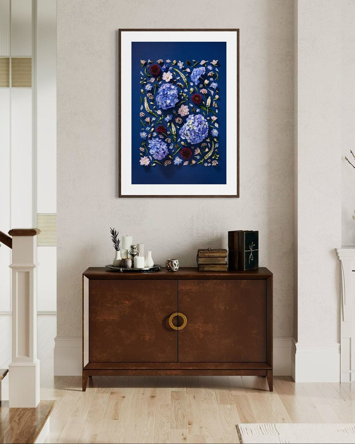 Quiet Queen - fine art floral flatlay of hydrangeas, delphiniums and scabiosa on deep indigo on a lounge room wall, from Quiet Emergence by Connie Chan.
