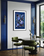 Quiet Queen - fine art floral flatlay of hydrangeas, delphiniums and scabiosa on deep indigo on a dining room wall, from Quiet Emergence by Connie Chan.
