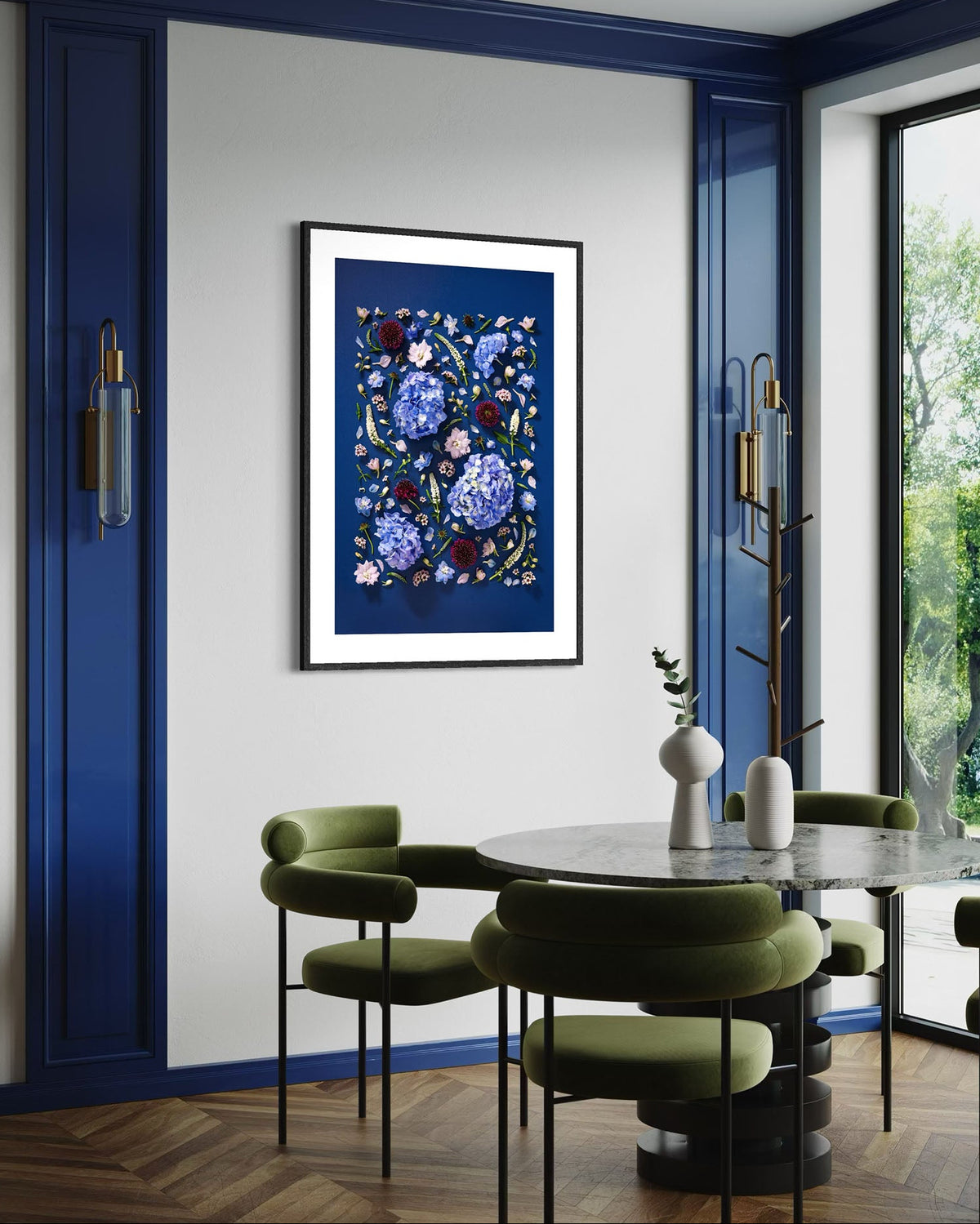 Quiet Queen - fine art floral flatlay of hydrangeas, delphiniums and scabiosa on deep indigo on a dining room wall, from Quiet Emergence by Connie Chan.
