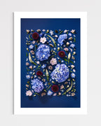 Quiet Queen - fine art floral flatlay of hydrangeas, delphiniums and scabiosa on deep indigo, unframed, from Quiet Emergence by Connie Chan.